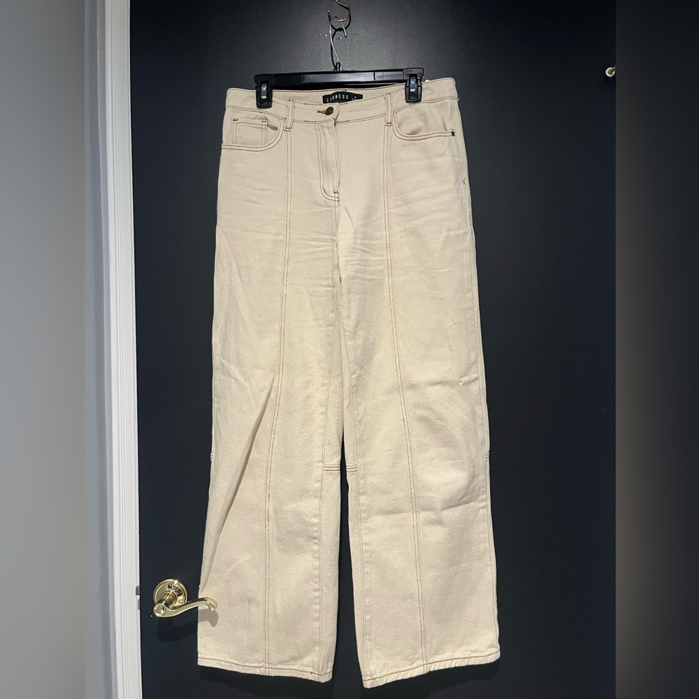 Lioness Beige Wide Leg Khaki Color Jeans with brown stitching small